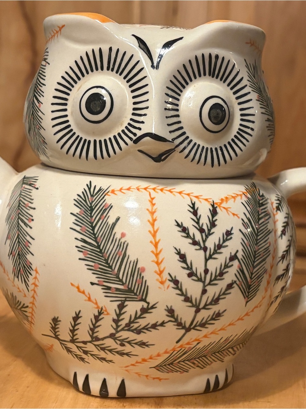 Ceramic Owl Teapot in White with Dark Green and Orange Leaf Motif
